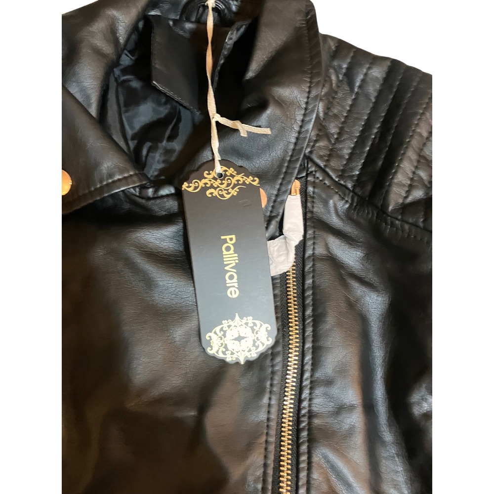 Pallivare Womens Black Faux Leather Moto Jacket Biker Style Gold Zippers Quilted - Picture 3 of 7